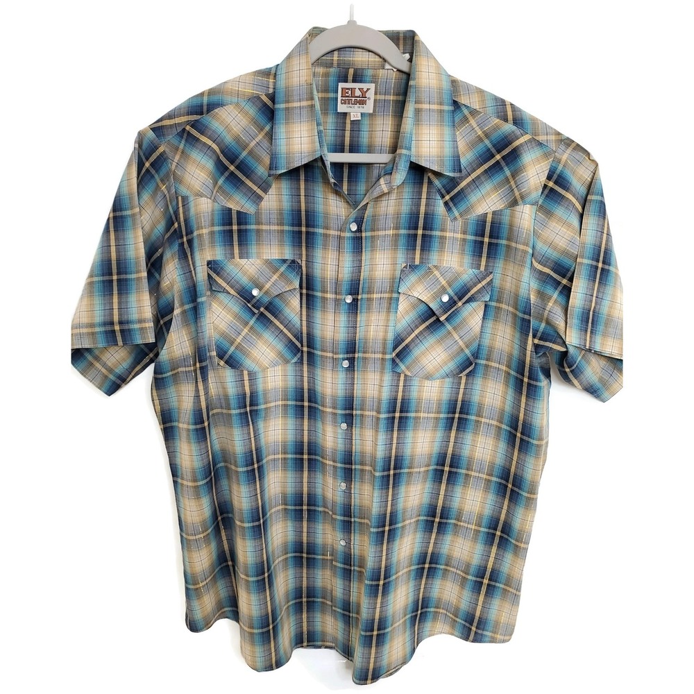 Ely Cattleman Shirt Mens XL Plaid Pearl Snap Western Cowboy Short‎ Sleeve